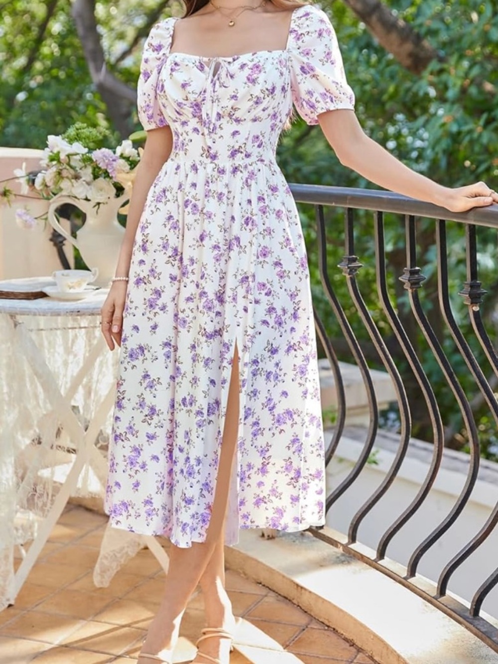 Beautiful Milkmaid Dress with Lavender Floral Print , front slit and Pockets.